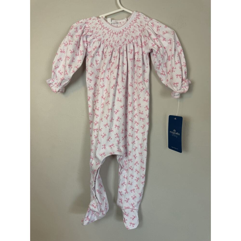Magnolia Baby Smocked Bishop Style Long Sleeve Bow Romper 6 Months NWT $62